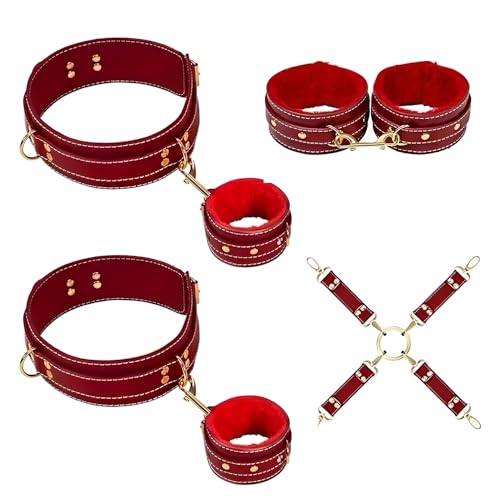 Qcpuuu Set Bondage per Coppie, Kit di Costrizione Regolabile con Manette e Cavigliere, Cinghie per Gambe Rimovibili, Accessori BDSM per Principianti ed Esperti, Rosso