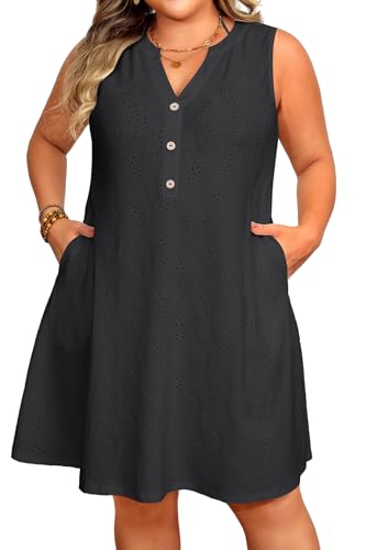 Pinup Fashion Plus Size Cover Ups Swimwear Women Black Hollow Out V Neck Bathing Coverup Dress with Pockets