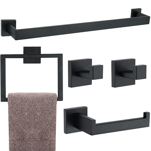 5 Pieces Bathroom Hardware Accessories Set Matte Black, 24Inch Square Towel Racks Set for Bathroom, SUS304 Stainless Steel Towel Bar Set, Bath Accessories Sets Wall Mounted