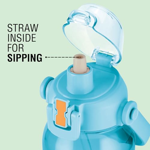 Image of MILTON Juwel 1000 Premium Crystal Clear Unbreakable Material Sipper Water Bottle|BPA Free|One-Touch Open|Leak-Proof|Sturdy Handle Cum Mobile Holder|Ideal for Office, School, Gym, 975ml, Turquoise Blue