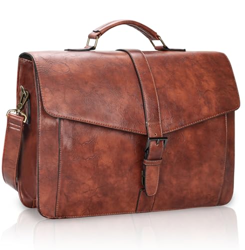 Image of ESTARER Men's Leather Briefcase 17.3 Inch Laptop Messenger Bag for Office /Business /Travel, Professional Leather Computer Shoulder Bag, Brown