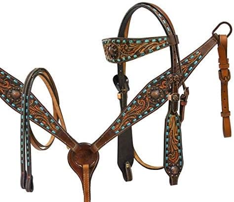 Showman Copper Painted Floral Tooled Headstall & Breast Collar Set w/Teal Buckstitch