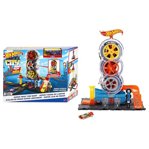 Hot Wheels City Super Twist Tire Shop - Taller con Rueda Gigante - Incluye Coche - Compatible con Conjuntos Regalo para Niños de 4-8 Años, HDP02