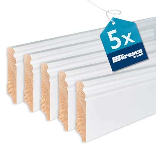 Sörnsen Wood Sockelleiste Kiefer – 16x80x2400 mm, 5 Stück hochwertige Fußleisten mit Altdeutschem Profil – weiß RAL 9016 lackiert und damit extra langlebig