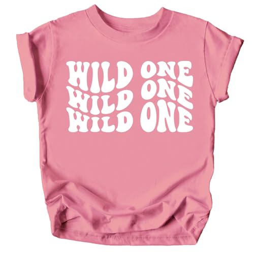 Wild One 1st Birthday Shirt for Baby Girl or Boy One Year Old Wavy Retro Birthday White on Mauve Shirt 12 Months