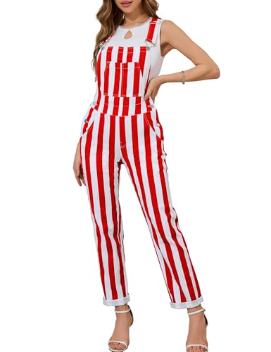 Bindefon Overalls for Women Fashion Jumpsuits Striped Pants Printed Bibs Coveralls White Elephant Gifts(Red and White Striped L)