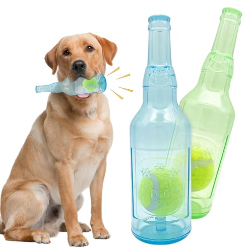 JWTRSVTY 2 Piezas Botella Juguete Perros Con Pelota De Tenis, Juguete Para Perro Botella De Agua Mordedora, Juguete Masticable Perro Casi Indestructible, para Perro Pequeño Mediano Grande (Verde+Azul)