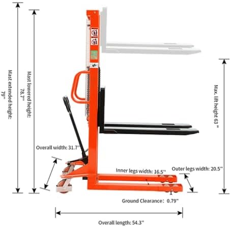 Miniatura 2 de DMC-FPPS 1100lbs Capacidad Apilador de Palets Manual, 63" Altura de elevación hidráulica, 7.9"-29.3" Horquillas ajustables de ancho, Carretilla