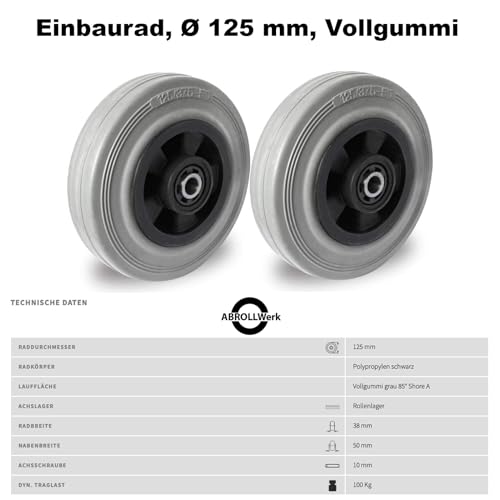 Abrollwerk 2er Set Rad 125 mm Gummi grau spurlos – Ersatzrad mit Rollenlager & Achszubehör M10 – Bodenschonende Transportrollen für Rollwagen & Möbel – PAK 3 Qualität – 2 Stück