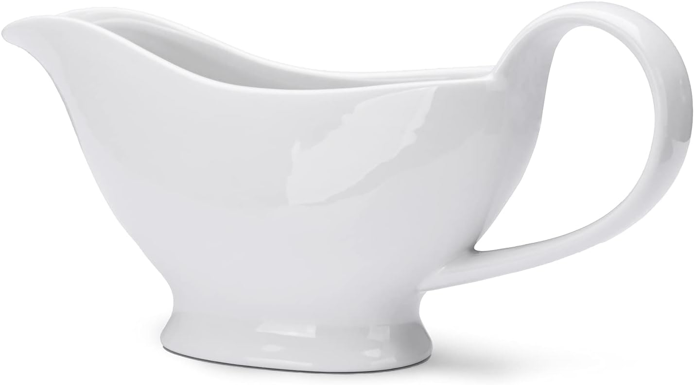 WishDeco White Gravy Boat, 8.5 oz Ceramic Gravy Jug, Small Sauce Jug with Smooth Handle, Porcelain Sauce Boat for Salad Dressing, Broth, Cream, Milk