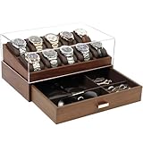 KAMIER 10 Ranuras Caja de Relojes Hombre,Madera Estuche de Visualización 2 Niveles con Tapa de Cristal y Cajón,Almacenamiento de Anillos y Gafas de Sol,Regalo Elegante para Hombres y Mujeres-Nogal