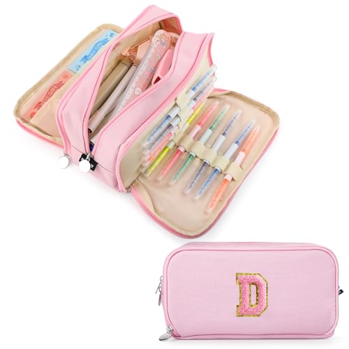Nuozme Extra Large Capacity Pencil Case 3 Compartment Initial Pencil Pouch Personalized Cute Aesthetic Stationery Pen Case Bag for School Teen Girl Boy Men Women Gift (D, Pink)