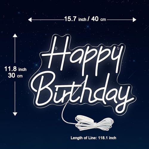 Happy Birthday Neon Signs for Party Decor Dimmable LED Birthday Neon Light for Wall Decor Light Up Happy Birthday Led Signs for Backdrop Birthday Any Ages Bday Celebration Decoration, White