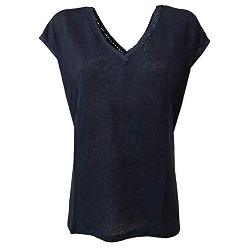T-shirt femme manches tombantes col V bleu en lin FB3503 taille S IT 42