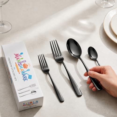 Image of Classic Black 4 Pcs Stainless Steel Cutlery Set for Dining Table, Dishwasher Safe Glossy Flatware (Perfect Spoon Fork Set)