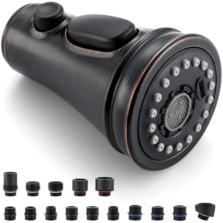 Kitchen Faucet Replacement Spray Head - with 15 Adapters, Pull Down Faucet Sprayer with 3-Function Nozzle, Oil-Rubbed Bronze, Kitchen Sink Faucet Head Replacement