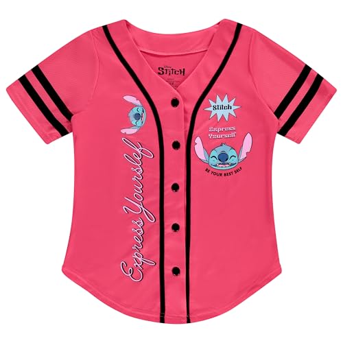 Image of Disney Lilo & Stitch Girls Baseball Jersey Shirt Button Down Kids Tee Stitch Angel Sizes 4-16