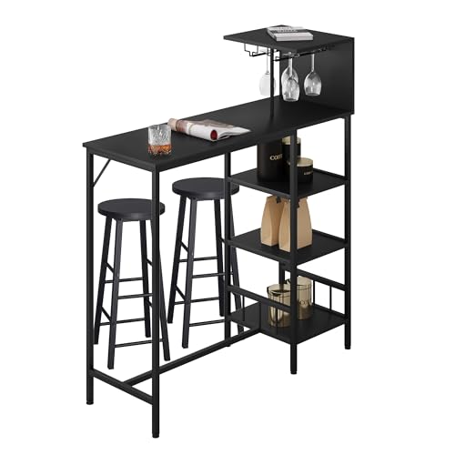 WOLTU Mesa de Bar con 2 Taburetes, Mesa Alta Cocina con Estanteria Lateral de 4 Niveles, Mesa de Comedor Rectangular Estrecha, Estructura de Metal, Estilo Industrial, Negro