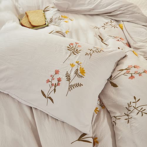 Bedbay Queen Duvet Cover Farmhouse Boho Aesthetic Bedding Set Pretty Embroidery Floral Design Beige Grey Embroidered 3 Pcs Cottage Core Bedding With Zipper Closure(Beige,Queen) #TOP3