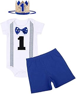 Baby Boys Girls 1st/2nd Birthday Cake Smash Outfit ONE Party Onesies Jumpsuit Bow Tie Bloomers Crown Headband Pack of 3 for Halloween Christmas Clothing Set Royal Blue-Boxer 1 Years