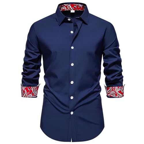 Allthemen Camisa Manga Larga Hombre Slim Fit Shirts de Vestir Formal Negocios Solapa con Botónes Elegante Boda Azul L