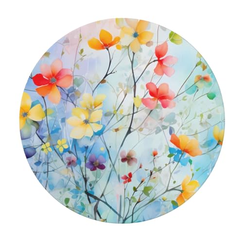 XYFCS Round Fitted Tablecloth Spring Floral Flower Art Table Cloth with Elastic Edged Waterproof Wipeable Round Table Cover for Patio Parties Outdoor Decor, 45