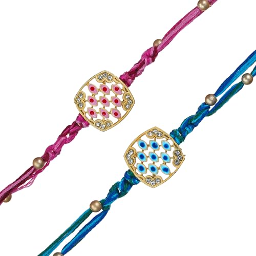Image of eCraftIndia Pink Blue Designer Rakhi Set of 2 | Rakhi for Brother Bhaiya Bhai with Best Bro Ever Fridge Magnet | Roli Chawal Pack