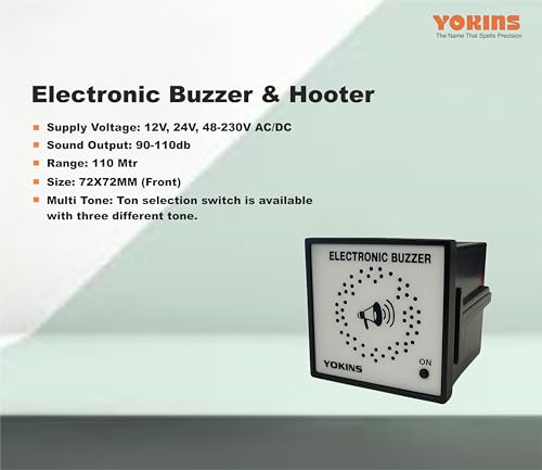 Image of YOKINS Electronic AC /DC Multi-Tone,Multi-Voltage Buzzer Hooter 72x72mm | Electronic Buzzer with LED Indicator, Panel Mountable, Black and White