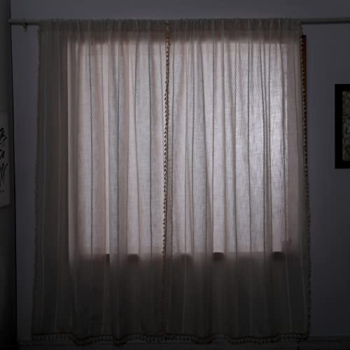 Roomtalks Boho Beige Curtains For Bedroom Living Room 84 Inch Length French Country Modern Farmhouse Cotton Window Curtain Panels Embroidery Striped Bohemian Tassel Draperies, 84’’L X 52’’W #TOP3