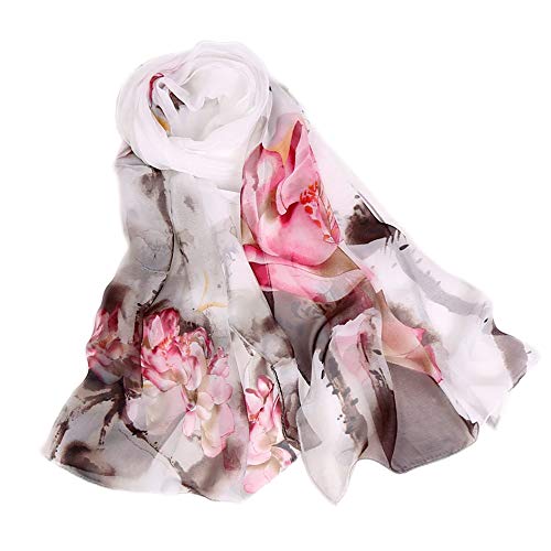 Lenço de Chiffon Estampado Aquarelado Echarpe Branco Floral