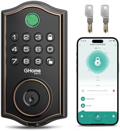 Ghome Smart Deadbolt Lock for Front Door, Keyless Entry Door Lock with Keypad, App Remote, Auto Lock, Easy Installation, Fingerprint Door Lock for Home, Airbnb, Apartment, Garage, Zn-Al-Cu Alloy Black