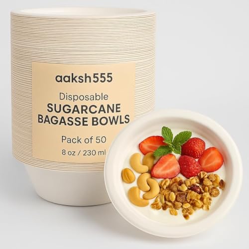 aaksh 555 Pack of 50 Strong Disposable Bowls 8oz/230ml, Biodegradable Ecofriendly Large Strong Paper Bowls for Hot & Cold Foods, Soup, Desserts, Salads, Microwave Safe
