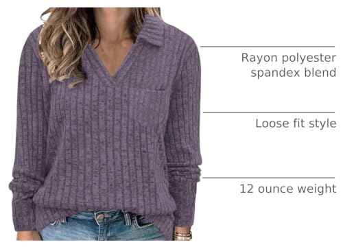 Image of VISLILY Womens-Plus-Size-Tops Collared V Neck Polo Shirts Lightweight Long Sleeve Sweaters Trendy Pocket Decor Tunic Blouses