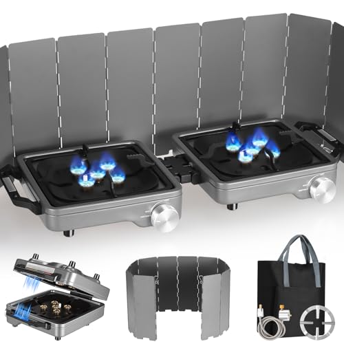 2 Burner Camping Stove with Windshield, 24000 BTU Propane Gas Stove,Portable Folding Camp Stove with Carry Bag, Piezo Ig - Detailed View