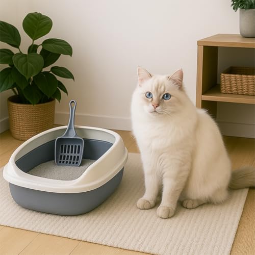 Image of PETS EMPIRE Cat Litter Box Tray with Free Scooper | Semi-Closed, Durable Plastic Litter Tray for Kittens & Adult Cats | Easy to Clean, Odour Control - Blue