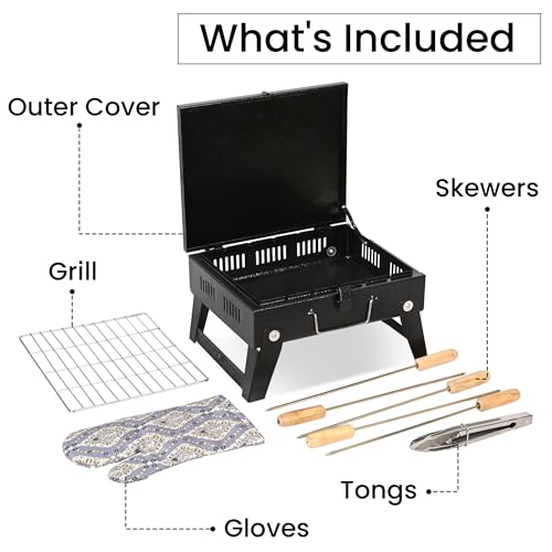 Image of Pivalo Charcoal Barbeque Grill Set | Tandoori BBQ for Home & Outdoor Use | 4 Piece Combo | 5 Skewers | 1 Tong | 1 Glove | Foldable Standing BBQ for Camping, Picnic & Travel Cooking (Pack of 1, Black)