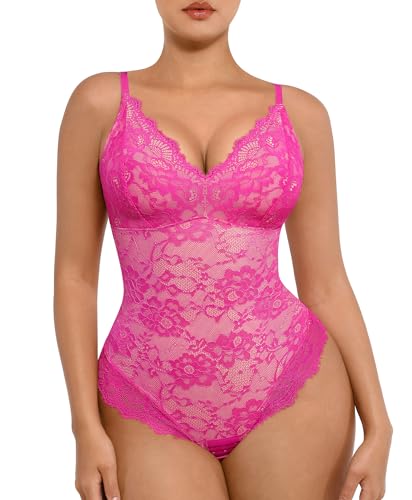 FeelinGirl Lingerie for Women Bodysuits V Neck Lace Body Suits Shapewear Tummy Control Corset Tops for Women Pink XXL