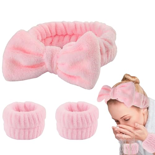 Image of Spa Headband and Wristband Set, Face Wash Headband Makeup Skincare Headband Wrist Bands Washing Face for Preppy Skincare Women Girl (Pink)