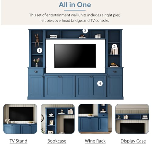 Image of 103 inchL Large Entertainment Center with Bookshelves and Drawers for TVs Up to 75'', Wall Unit Entertainment Center with Adjustable Shelves and Cabinet, Minimalist TV Stands for Living Room Blue