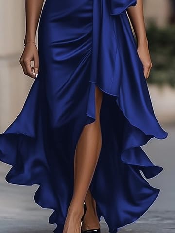 UOOZEE Women's Cocktail Evening Gown High Low Loose Ruffle Trim Tied Waist V-Neck Maxi Dresses4