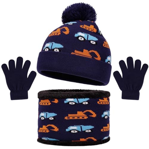 Gargantilla infantil invierno gorro de punto bufanda y guantes táctiles de tres piezas para niños de 2 a 10 años gorro de niño térmico y a prueba de viento, azul marino, Talla única