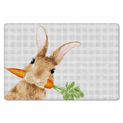 Easter Carrots Rabbit Kitchen Bath Door Mat Cushioned Runner Rug,Washable Welcome Floor Sink Antifatigue Mat,Waterproof & Non-Slip Comfort Standing Doormat,Grey Buffalo Plaid Easter Bunny 20