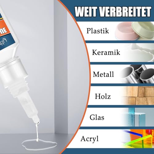 60g Sekundenkleber Extra Stark, Wasserfest Superkleber mit Antiverstopfungskappe, Alleskleber, für Kunststoff, Metall, Glas, Holz, Keramik und Heimwerkerbedarf (60 g)