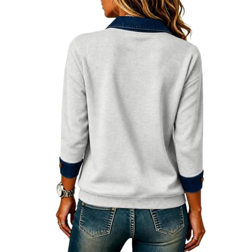 HswsEJ Womens Polo Shirts Long Sleeve Patchwork Jean Pullover Sweatshirts - image 5