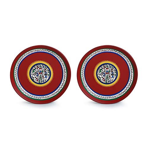 Image of ExclusiveLane 'The Warli Tales' Terracotta Wall Plates for Home Decoration (8 inch, Set of 2, Red) | Terracotta Plates for Wall Decor Plates Sets Decorative Wall Hanging Plates for Living Room
