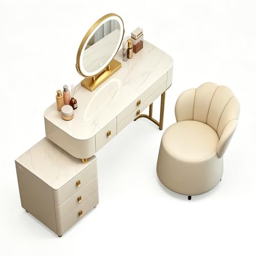 Tocador con 6 cajones, espejo y taburetes, mesa de maquillaje con cajón reversible, soporte for impresora, moderno escritorio for computadora, tocador for dormitorio, oficina, color blanco(L:80cm)