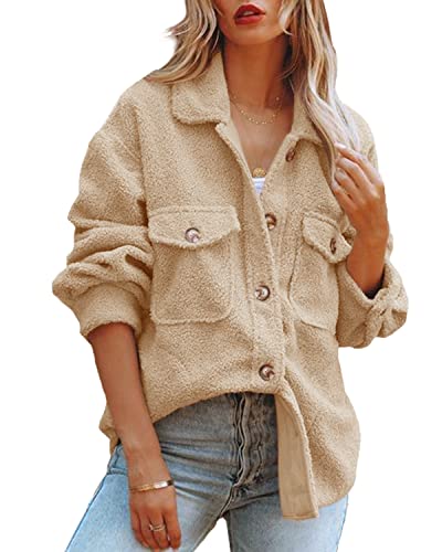 Photo 1 of ReachMe Womens Sherpa Fleece Jacket Button Down Shirt Jacket Long Sleeve Shacket with Pockets Lapel Coat X-Large Apricot