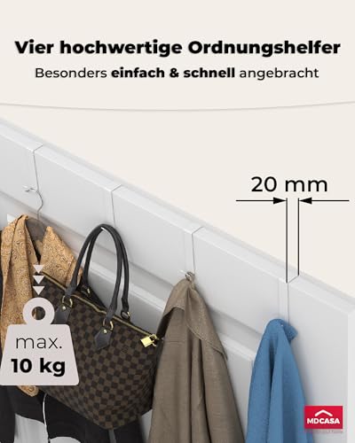MDCASA Türhaken bis 20 mm Türfalz - 4er Set, weiß I Türhaken zum Einhängen inkl. Filzpad I stabile Haken zum Einhängen für alle gängigen Türen