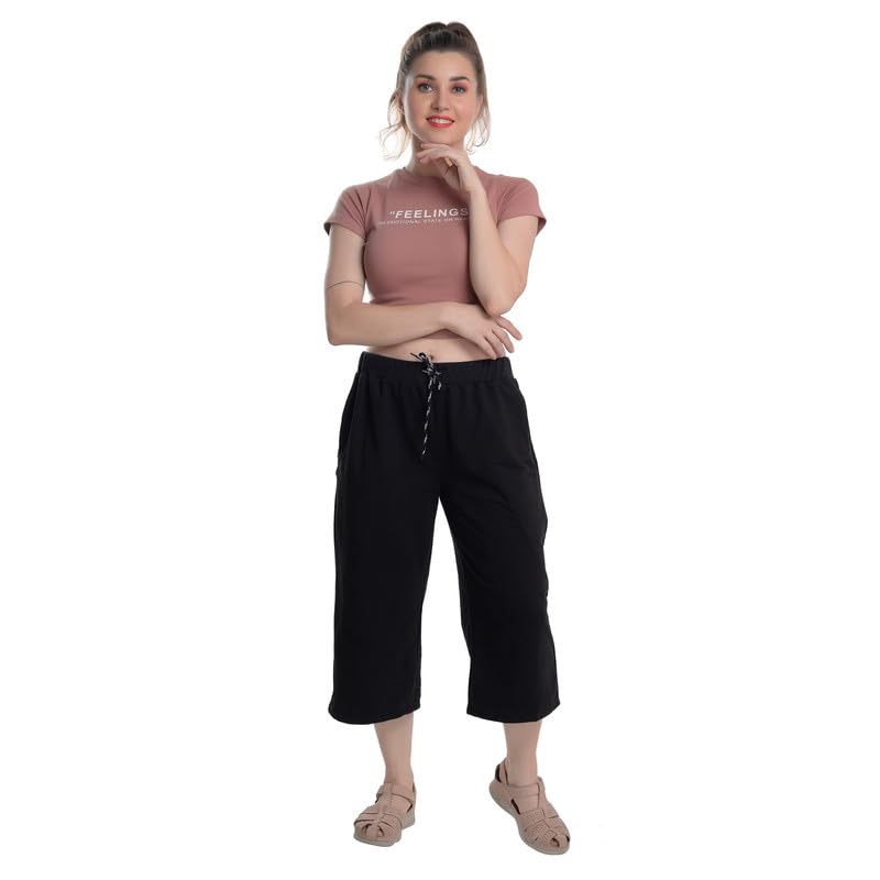 Image of Women's Cotton Plain Capri Pants, Loose Yoga Pants, Nightwear for Women