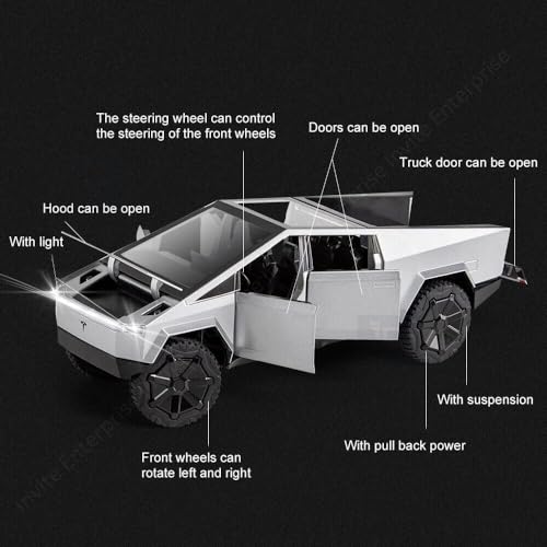 Image of 1:24 Scale Tesla Cybertruck Model Collection Enthusiasts Toy Pull Back Pick-Up Truck With Sound And Light, Alloy Diecast Toys For Kids Gift?Colors As Per Stock?(1:24 Tesla Truck)